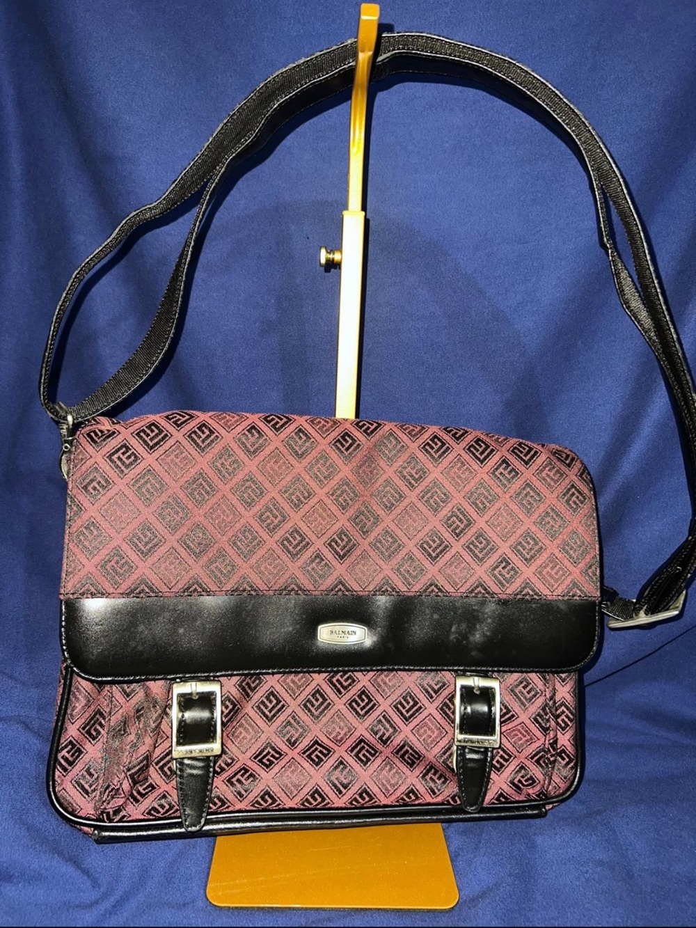 Balmain Burgundy and Black Patterned Crossbody Messenger Bag